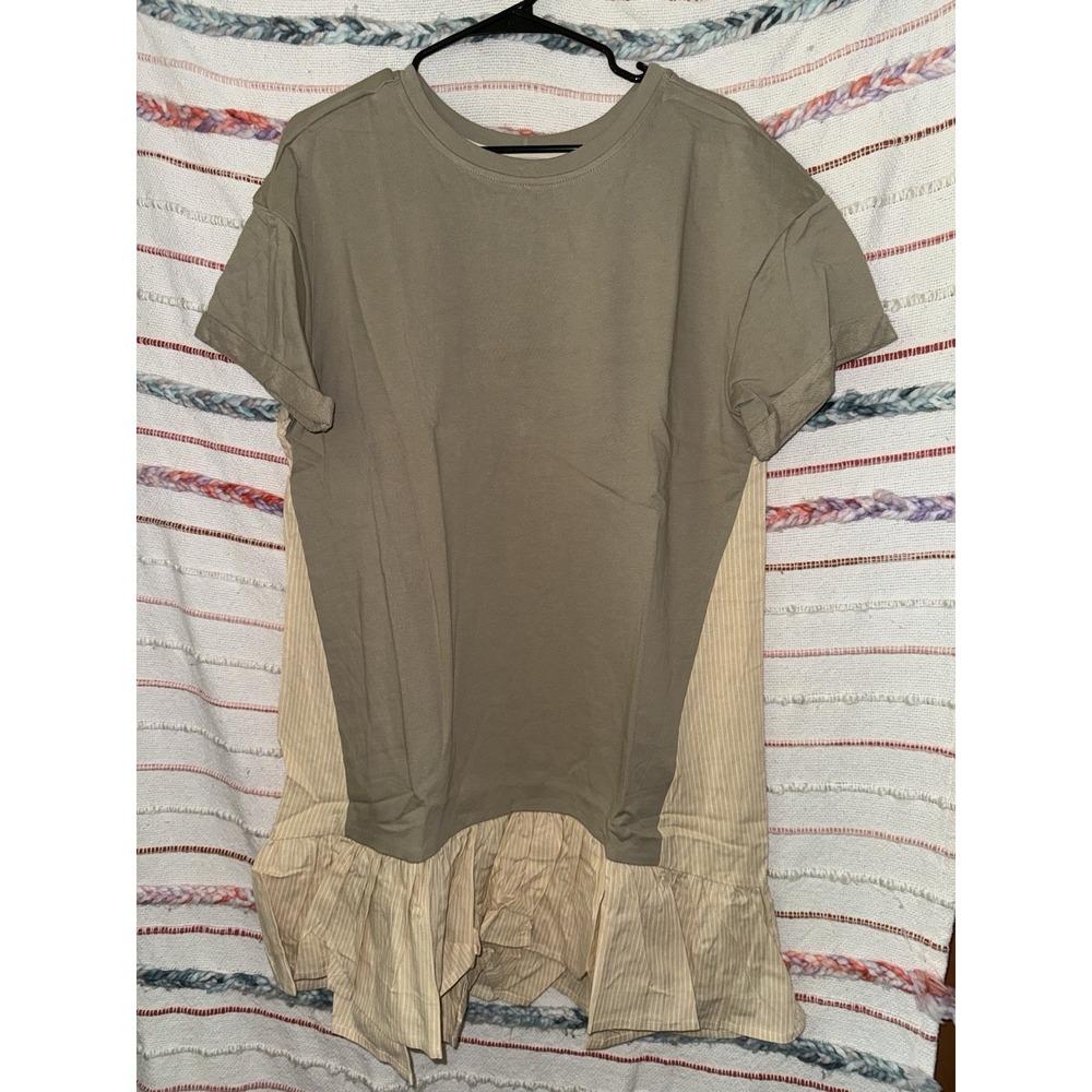 Large-New-Hayden LA-Sage Knit Top Dress W/Yellow Cotton Back And Ruffled Hem